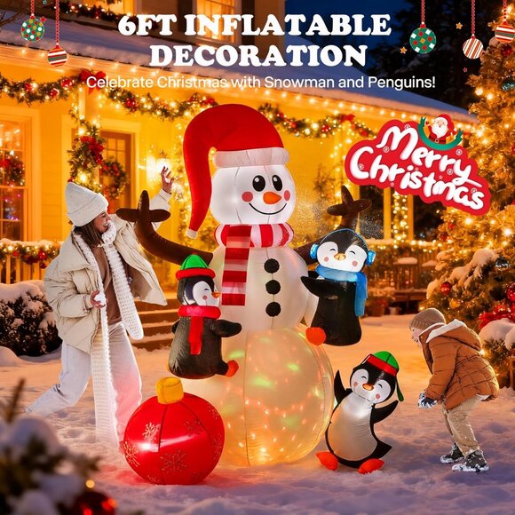 🆕6FT Christmas Inflatable Snowman with Penguin and Red Ball Outdoor Decoration - Picture 5 of 10